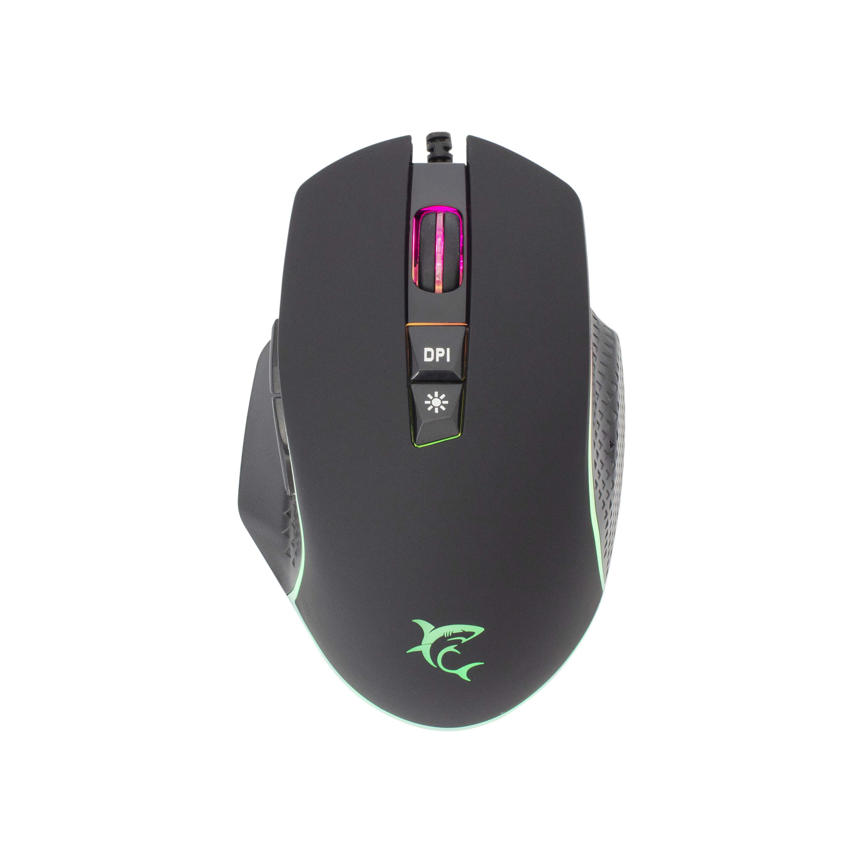 Mouse da gaming nero con logo squalo, pulsante DPI e illuminazione RGB.