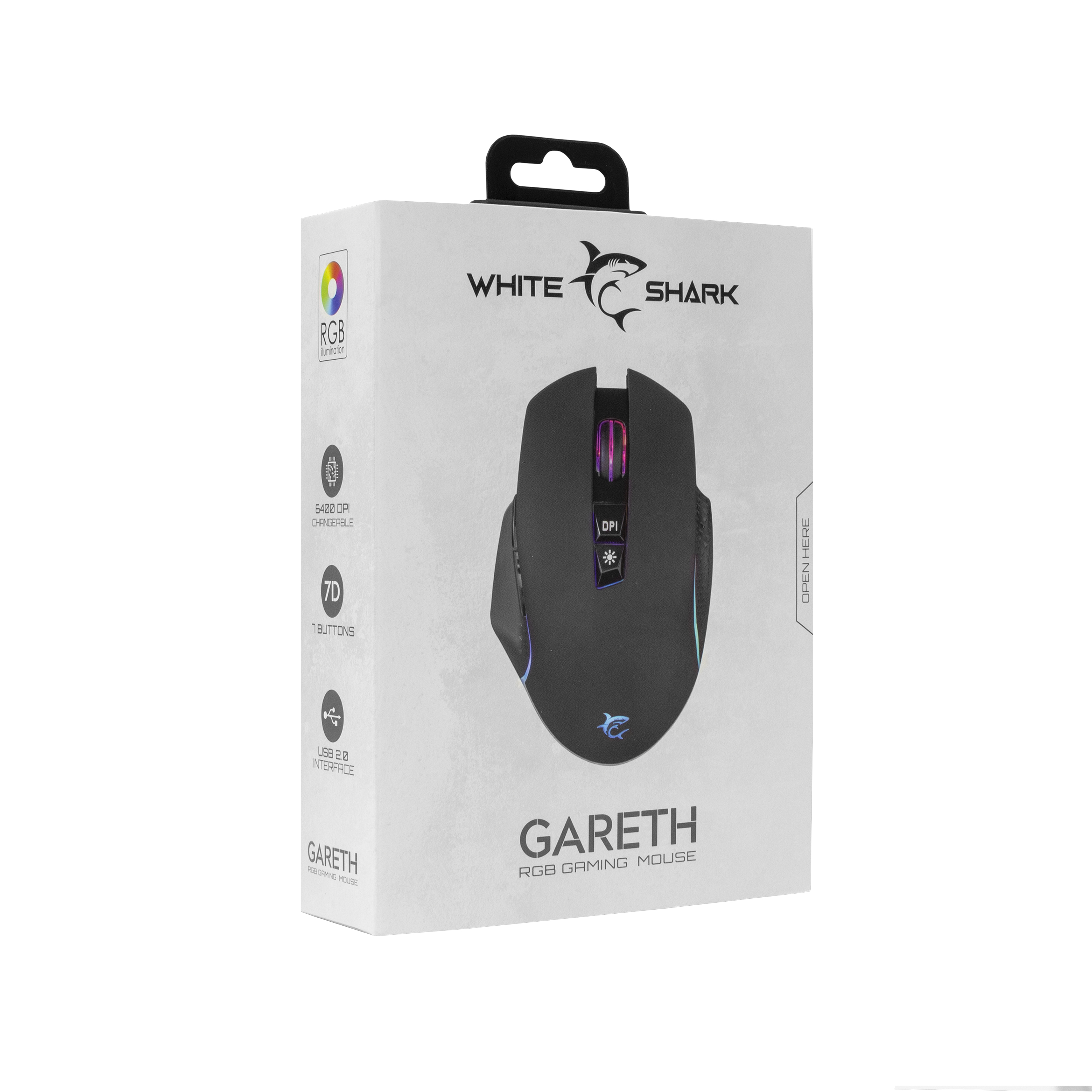 Mouse da gaming nero in una scatola. Scatola bianca con grafica e testo. Sfondo bianco.
