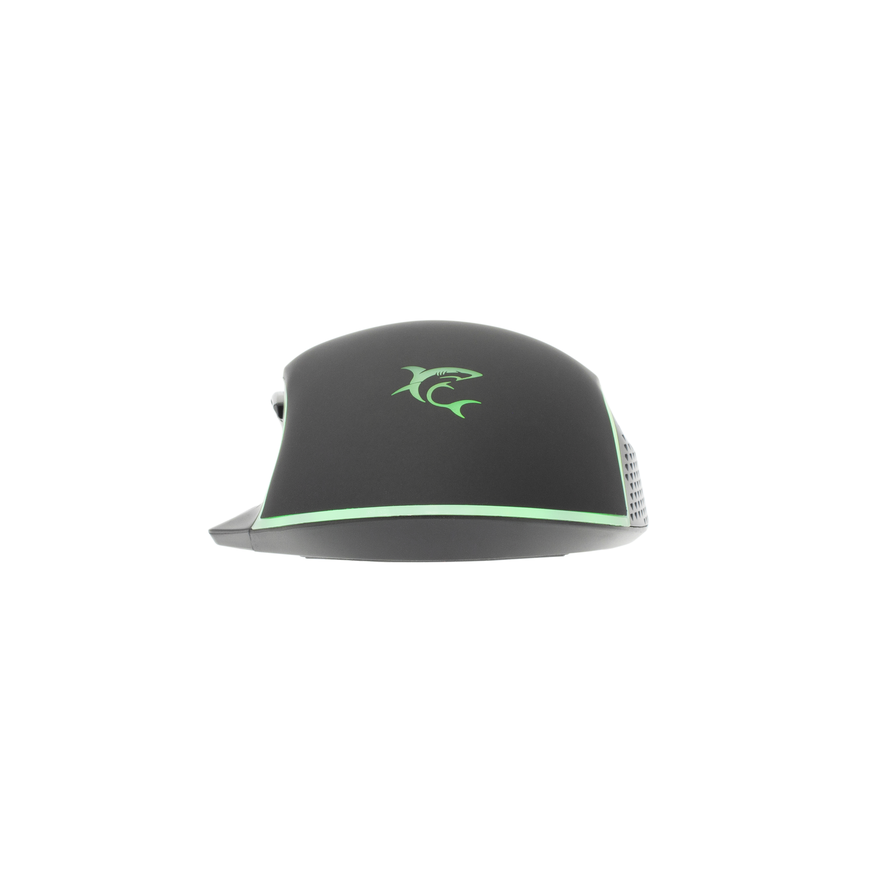 Mouse da gaming nero con logo di squalo verde e accenti di luce verde, isolato.