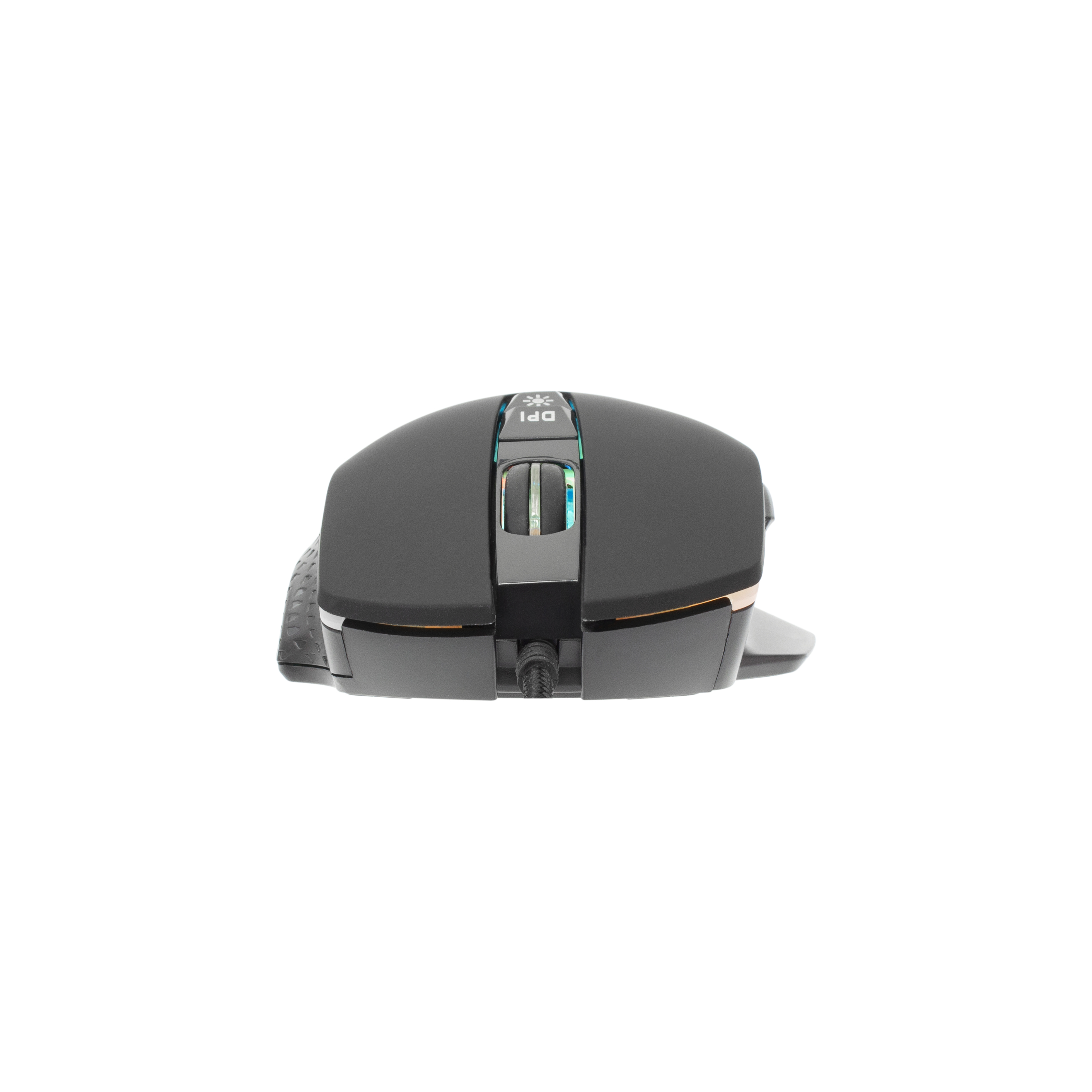 Mouse da gioco nero e grigio con pulsante DPI, pulsanti laterali e connessione cablata.