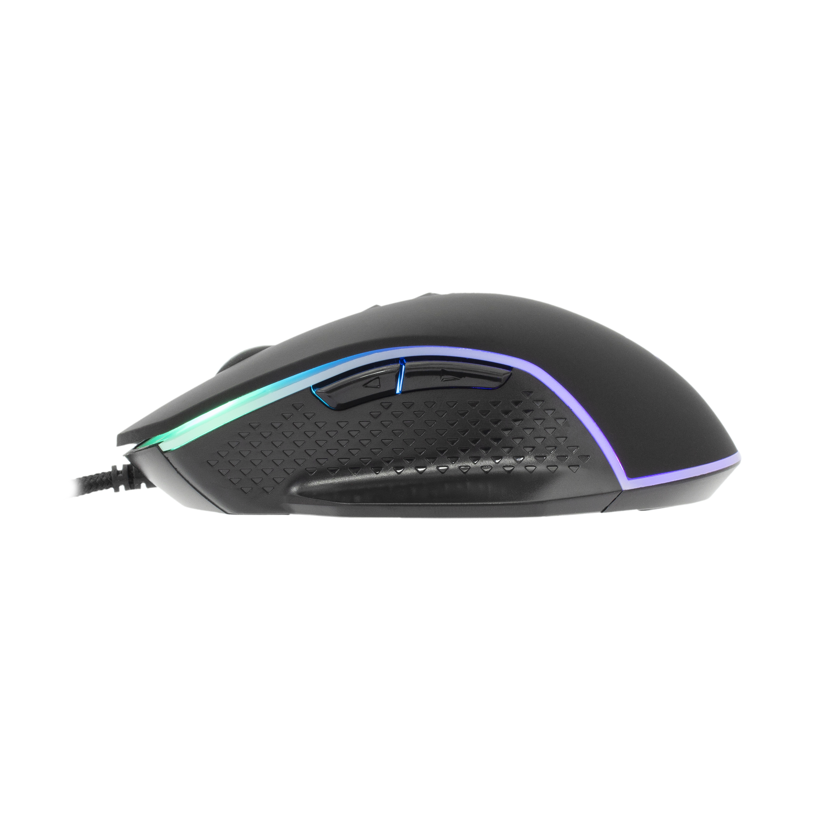 Mouse da gioco nero con illuminazione RGB. Ha diversi pulsanti e una superficie strutturata.