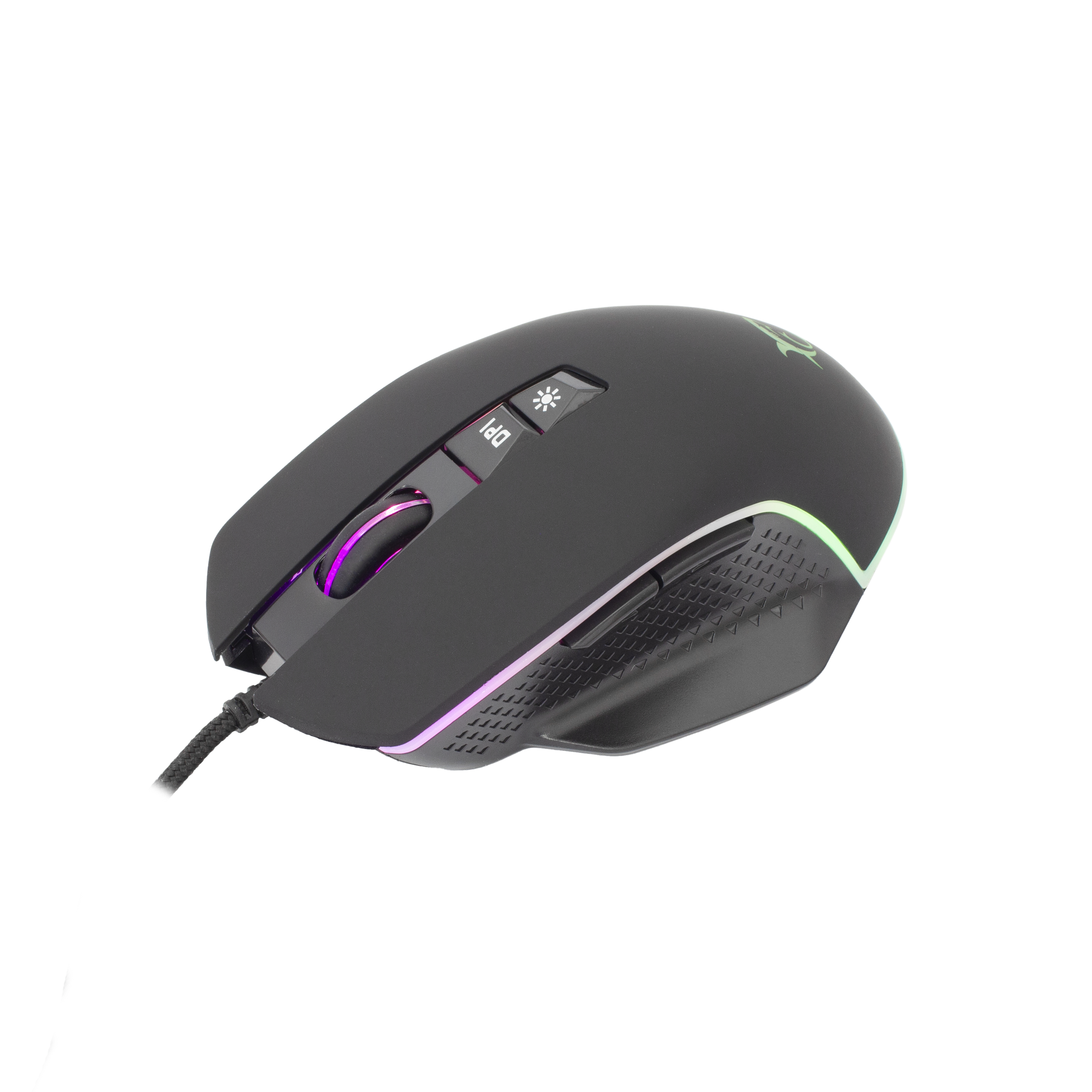Mouse da gioco nero con illuminazione RGB. Rotella e pulsanti visibili. Il cavo è collegato.