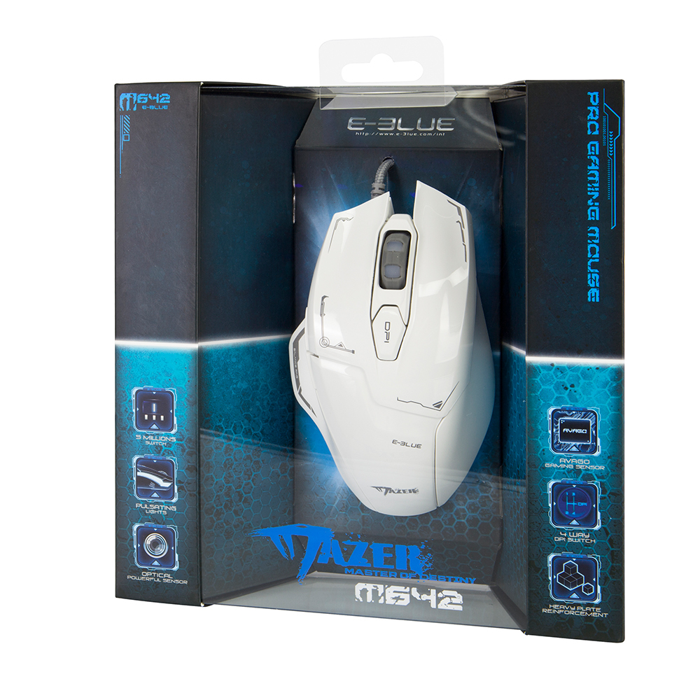 Mouse in box. White mouse with black accents in a clear plastic box, with text and graphics.