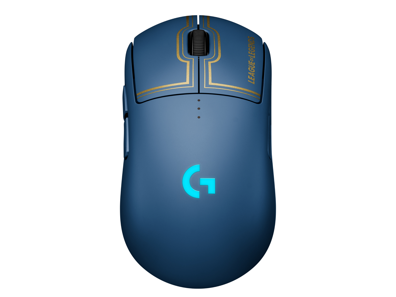 Niebieska mysz gamingowa ze złotymi akcentami, logo League of Legends i świecącym G na myszy.