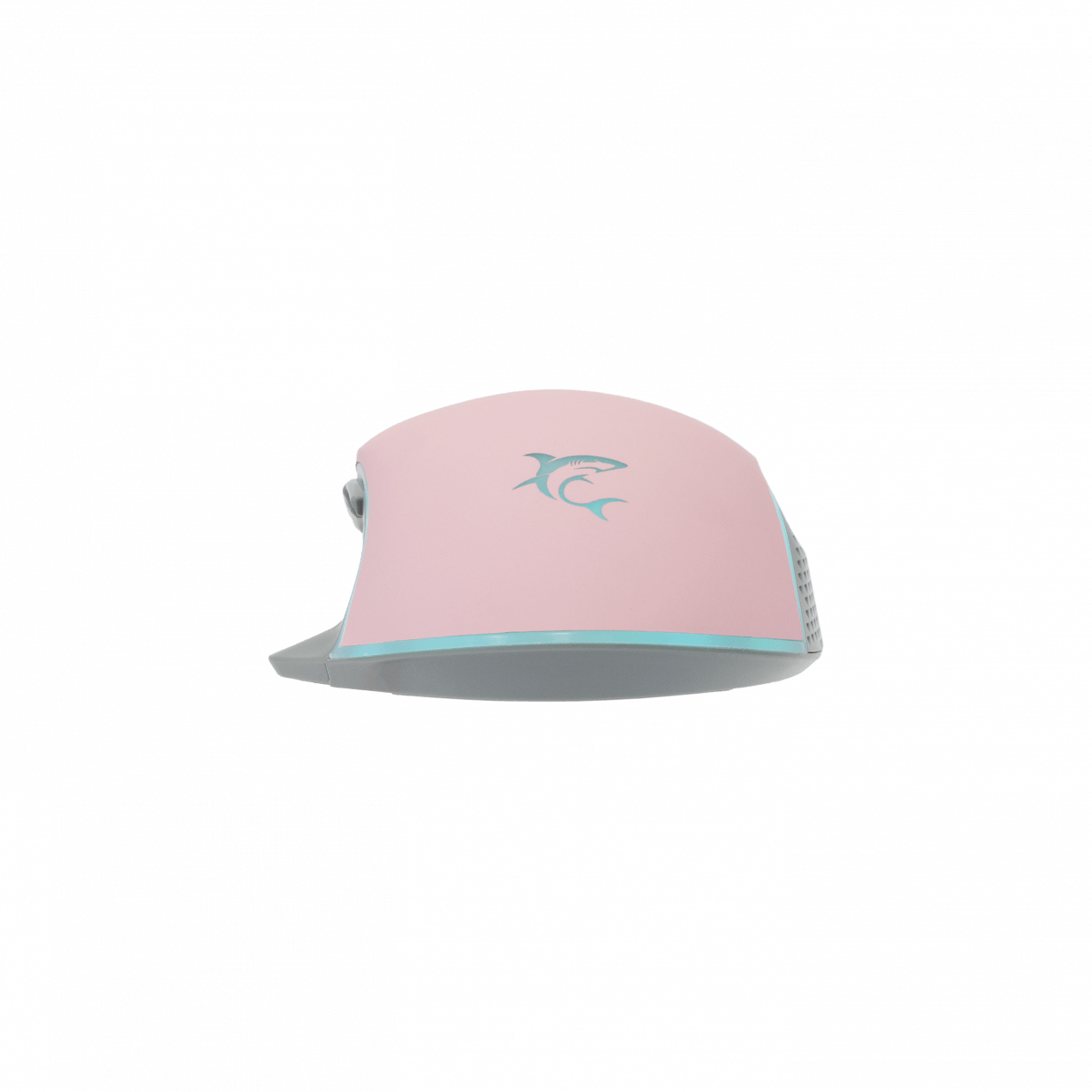 Różowa mysz z logo rekina, niebieskie akcenty.