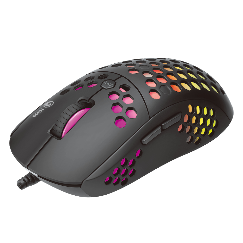 Black gaming mouse with RGB lighting. The mouse has a honeycomb design.