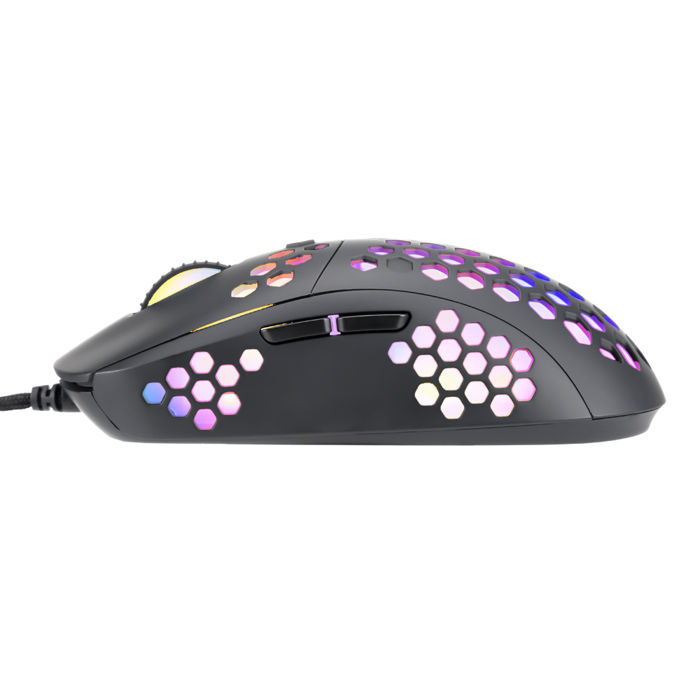 Black gaming mouse with a honeycomb pattern and multi-colored lights.