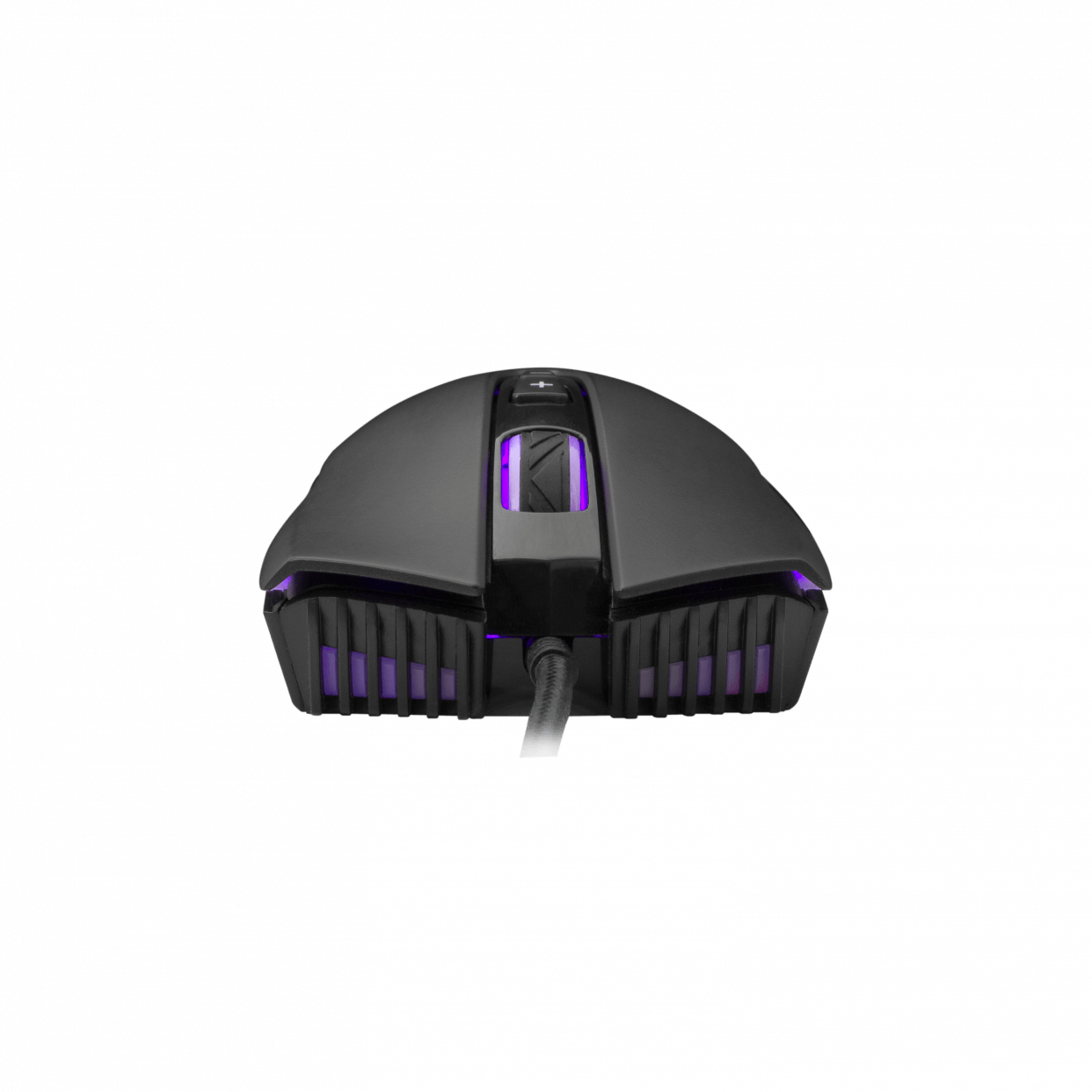Ratón gaming negro con luces moradas. El ratón tiene un cable negro y está sobre fondo blanco.