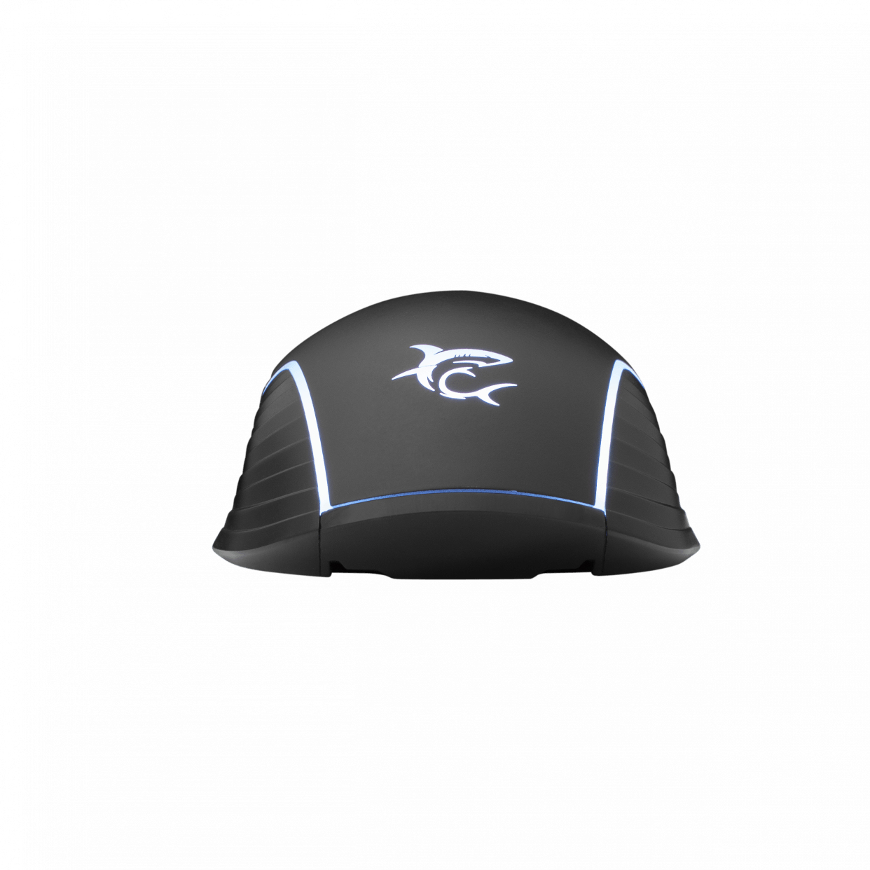 Ratón gaming negro con logo de tiburón y luces blancas en los lados. Fondo blanco.