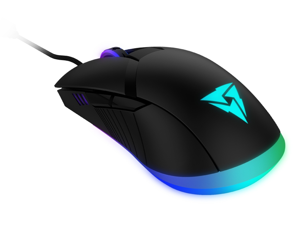 Mouse gaming nero. Illuminazione RGB. Logo blu. Sfondo bianco.