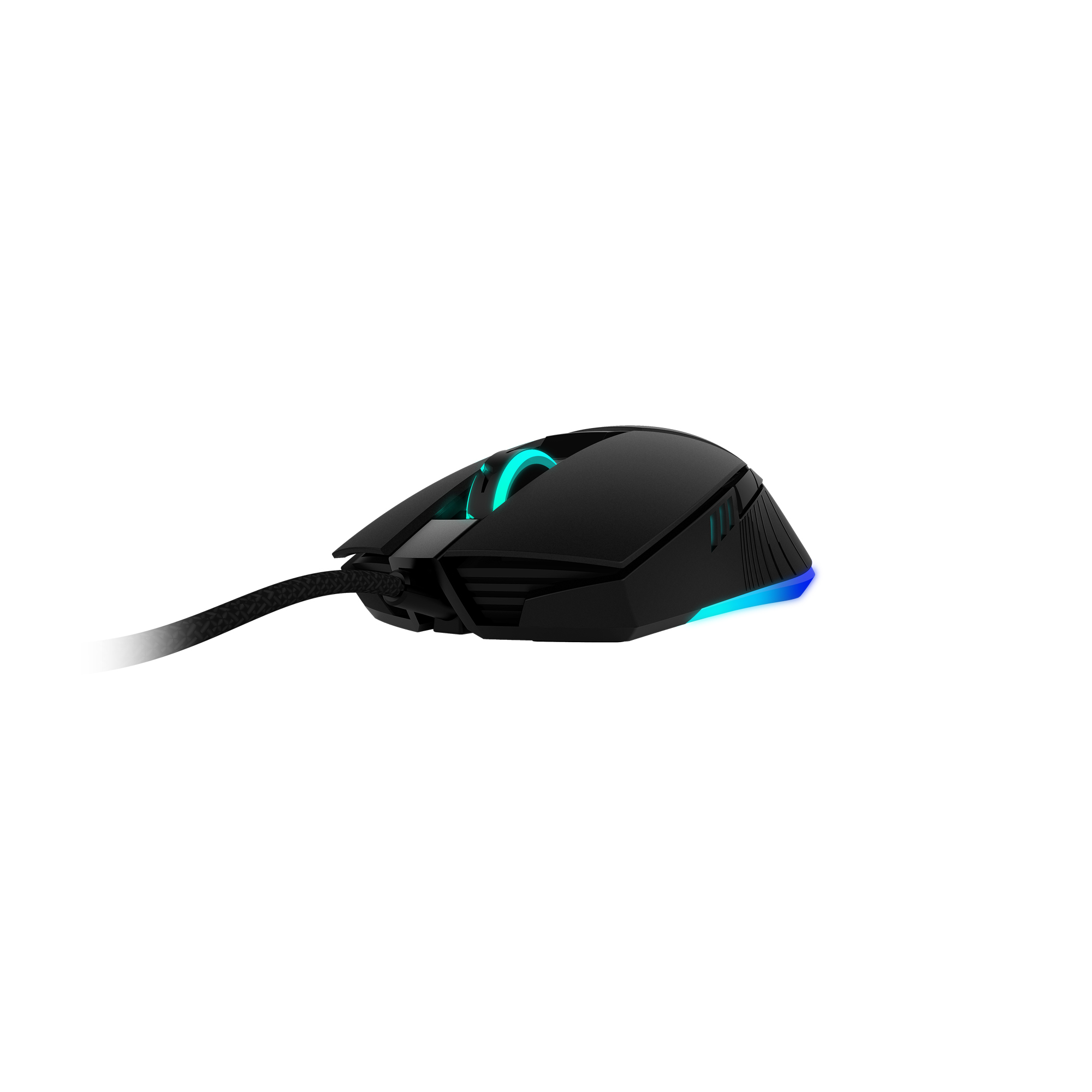 Mouse da gaming nero con illuminazione blu. Design angolato con cavo e pulsanti.