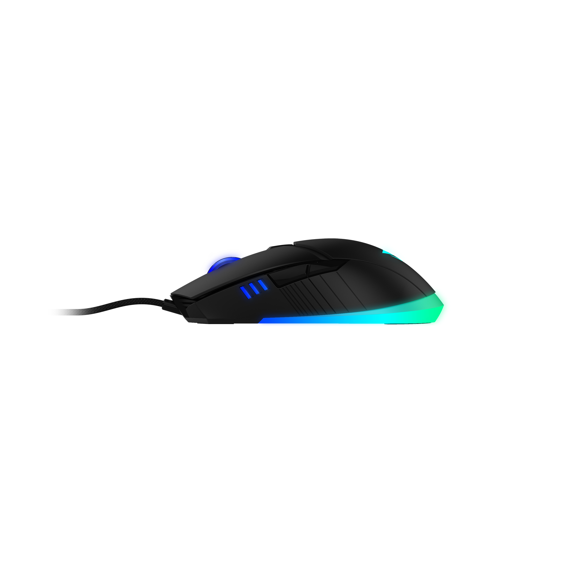 Mouse da gioco nero con LED blu e verdi. Vista laterale, mostra forma e caratteristiche.