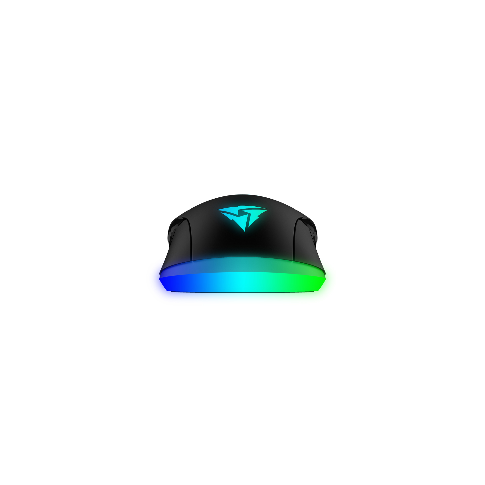 Mouse da gaming nero con illuminazione colorata. Il logo è visibile. Il mouse è su sfondo bianco.