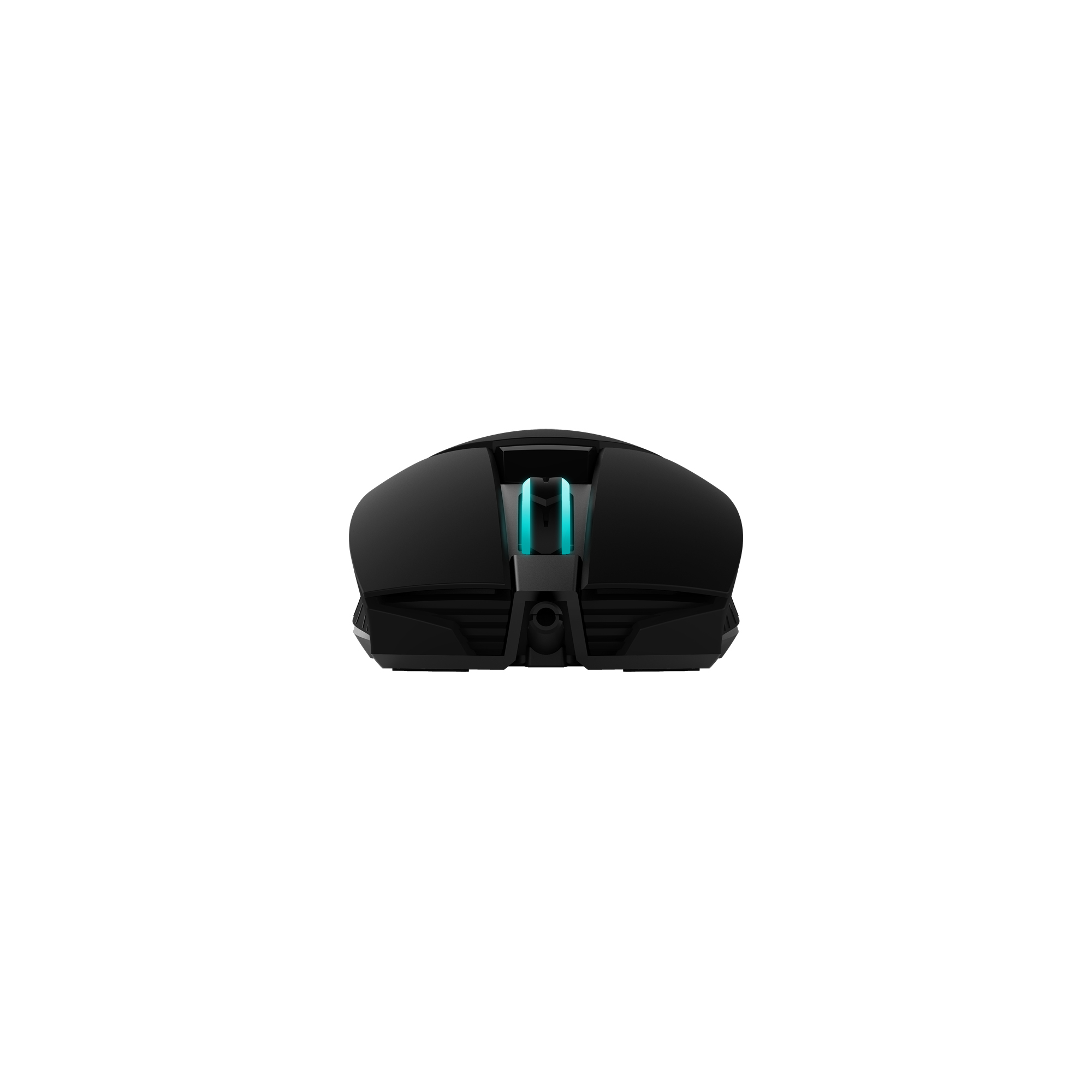 Mouse gaming nero. Vista frontale, luci blu visibili frontalmente.