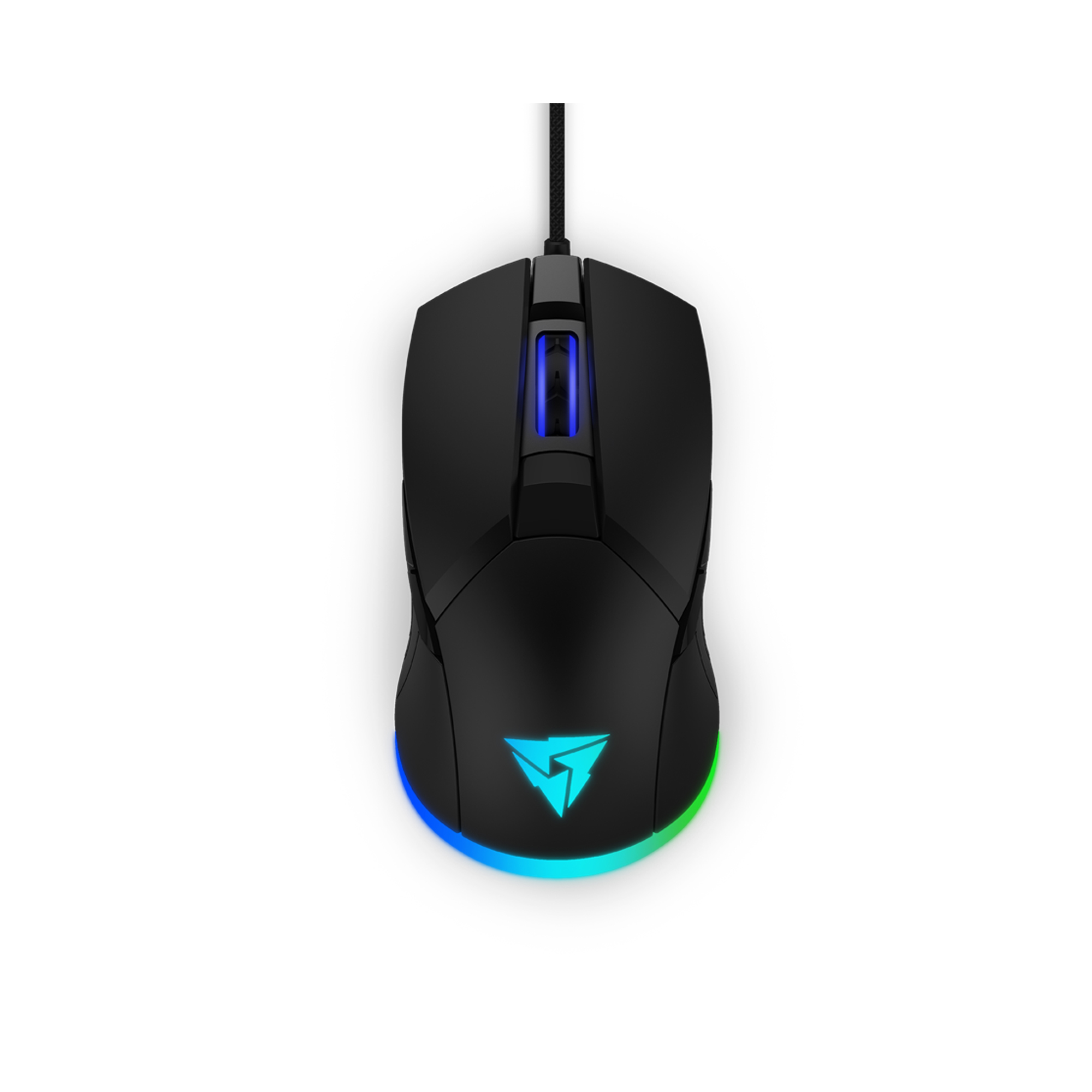 Un mouse da gioco nero con cavo e luci RGB, con un logo su sfondo bianco.