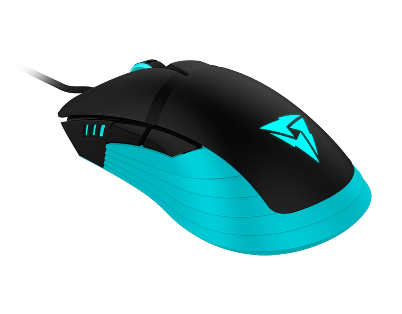 Mouse da gioco nero e turchese con logo a fulmine. Ha pulsanti laterali e connessione cablata.