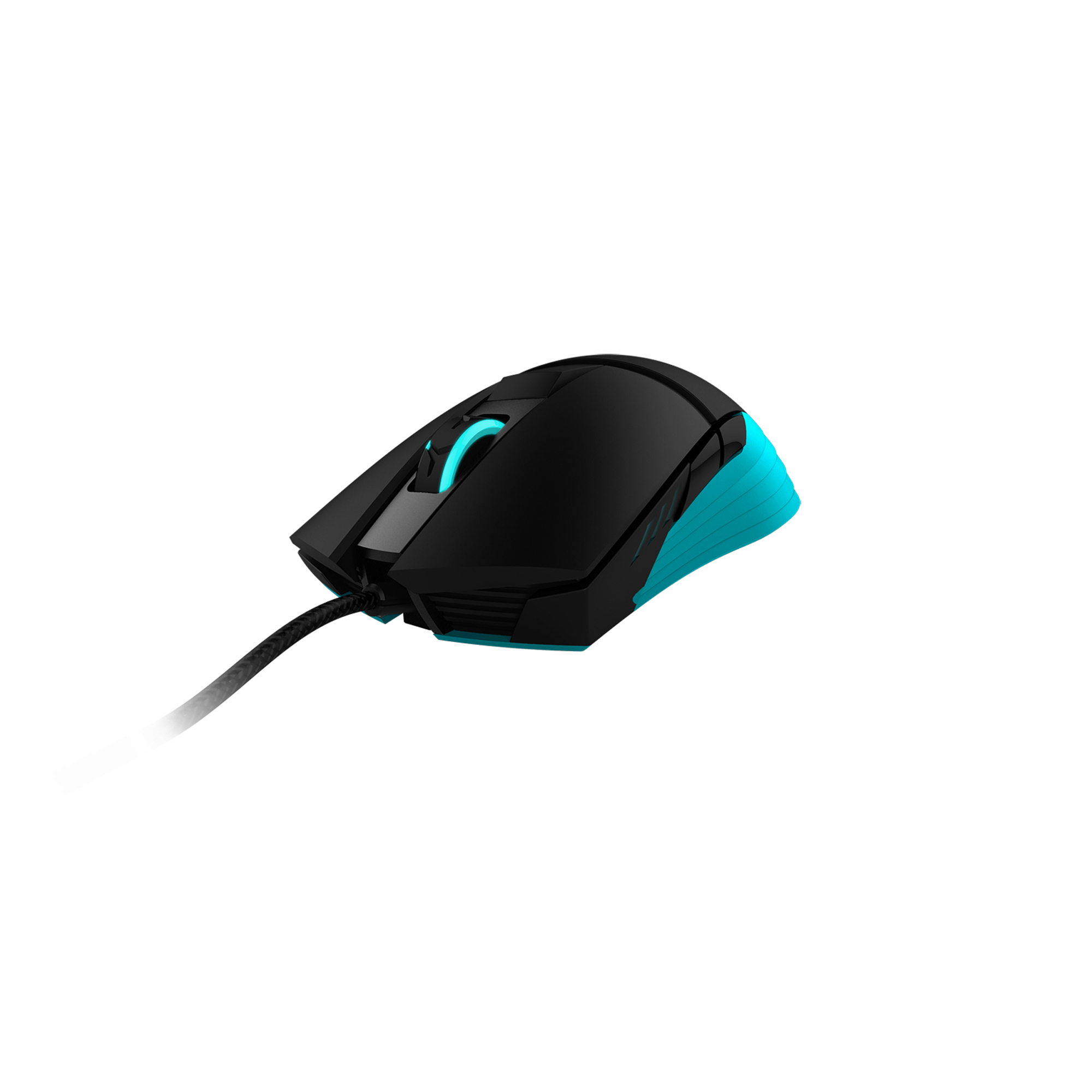Mouse da gioco nero e blu con cavo nero.