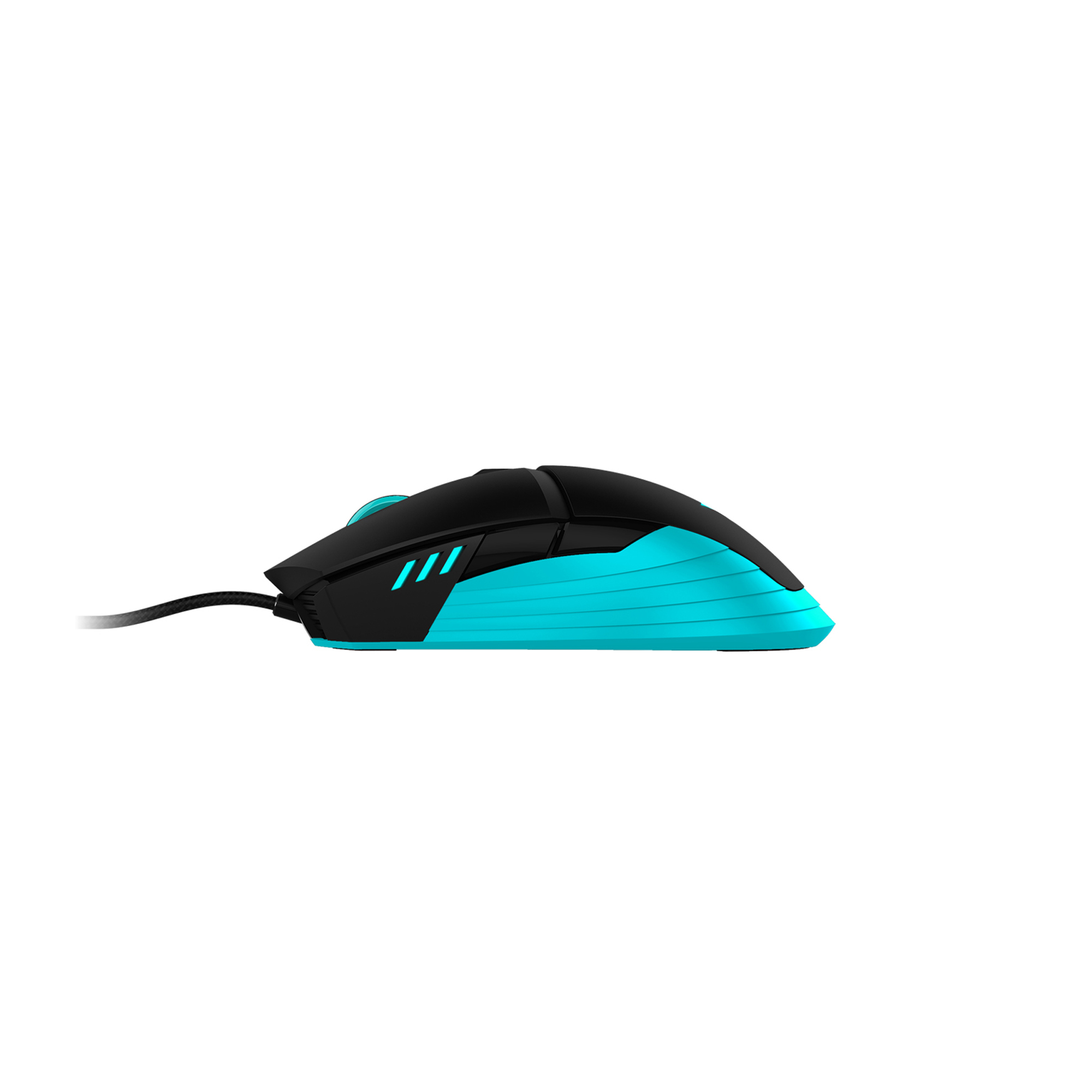 Mouse nero con dettagli turchese e cavo. La vista laterale mostra un design elegante.