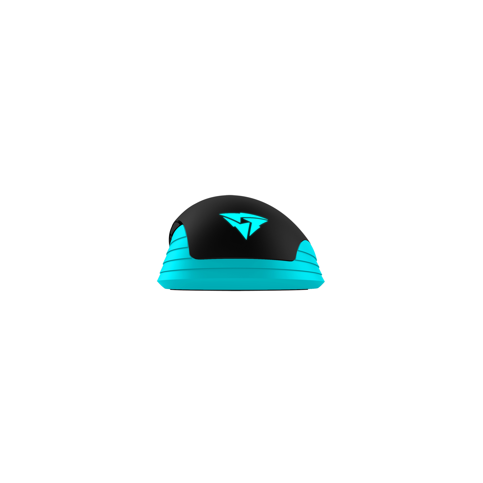 Mouse per computer nero e turchese. Ha un logo a forma di fulmine.