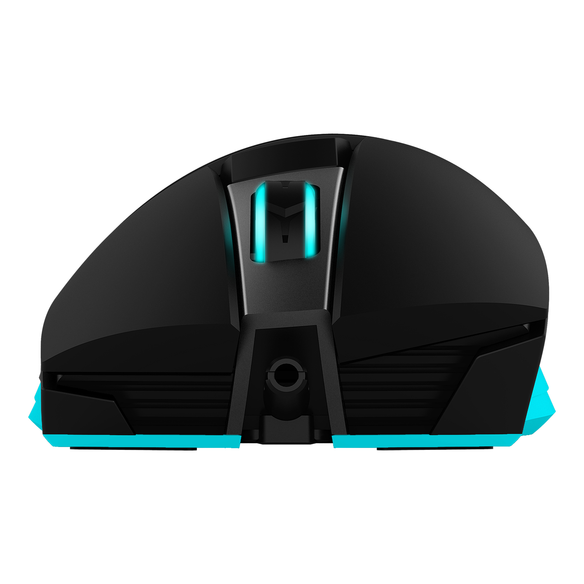 Mouse nero e blu per computer con luci, vista dal basso.