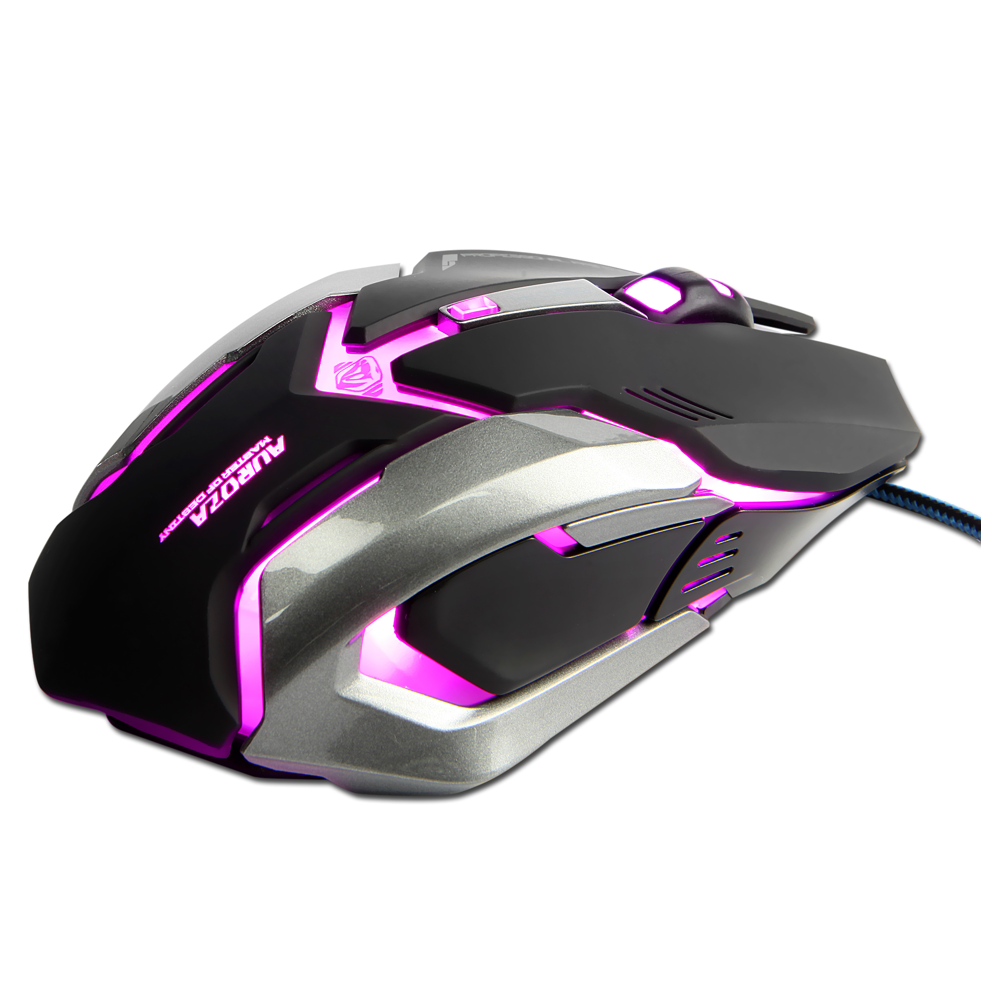 Mysz gamingowa w czerni i srebrze, podświetlenie RGB i niebieski kabel.