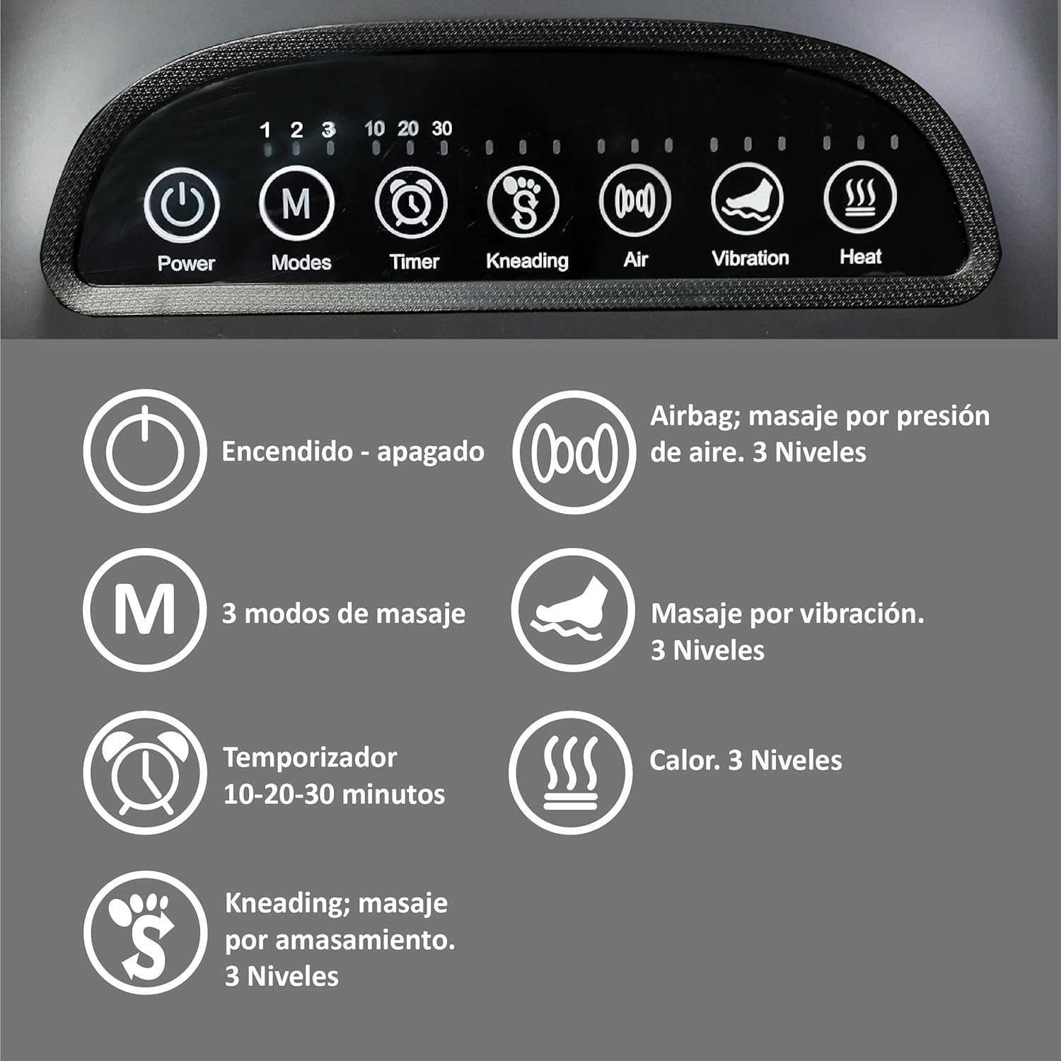 Panel de control con iconos y texto para funciones de masaje: encendido, modos, temporizador, etc.