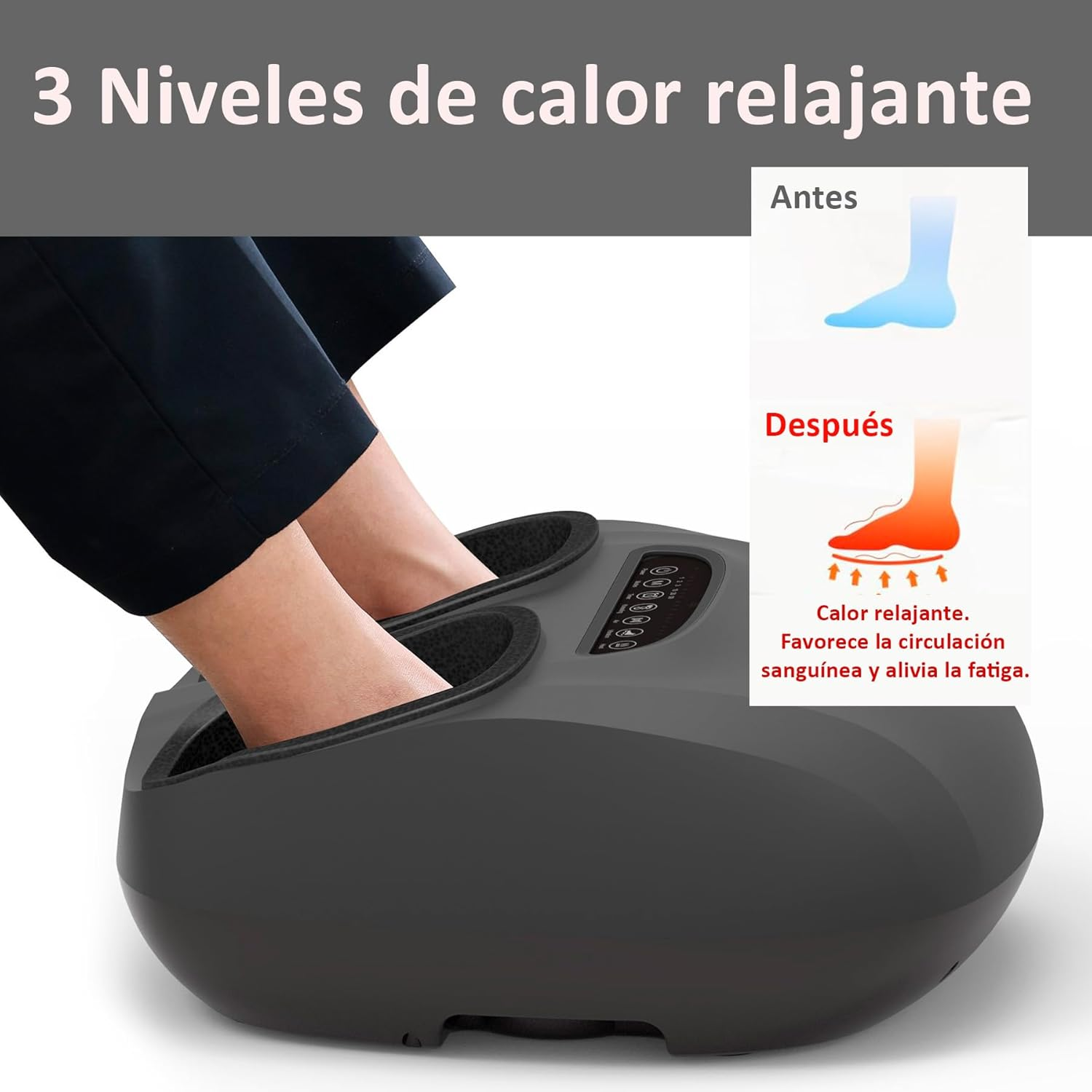 Pies en masajeador de pies. Texto indica calor relajante, favorece circulación y alivia fatiga.