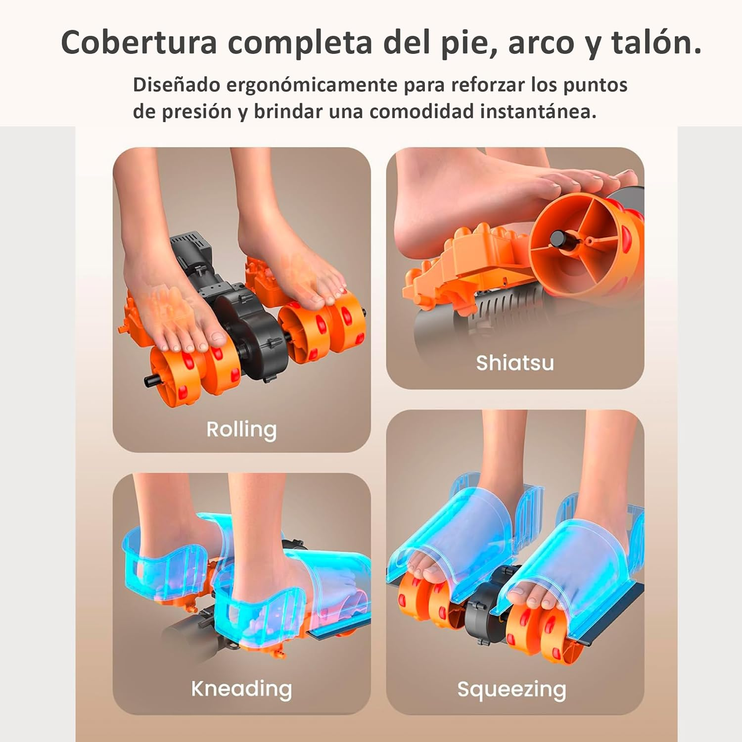 Cuatro imágenes muestran dispositivos de masaje de pies. Técnicas de rodamiento, Shiatsu, amasado y compresión.