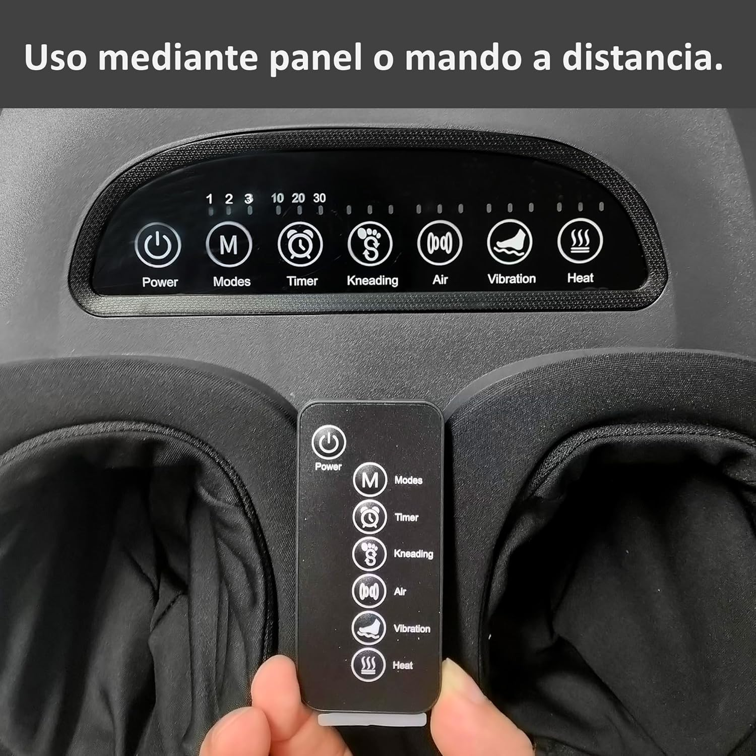 Primer plano del panel de control y el mando a distancia de un dispositivo de masaje. Texto: Uso con panel o mando.