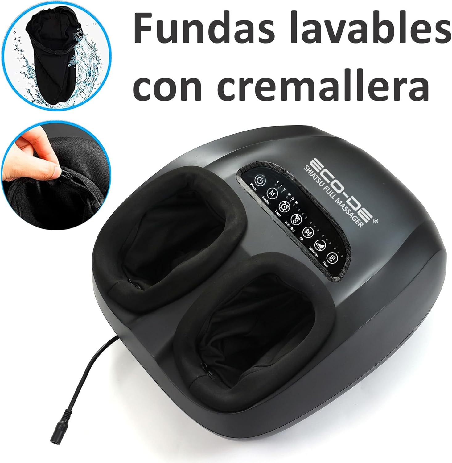 Masajeador de pies con fundas lavables con cremallera. Negro, botones y pantalla.