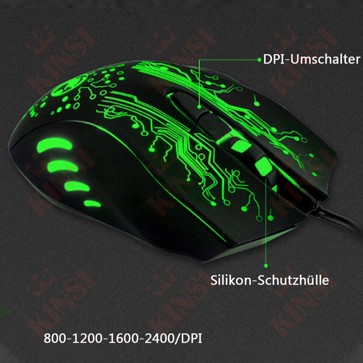 Eine schwarze Gaming-Maus mit grünem Leiterplattendesign und DPI-Einstellungen.