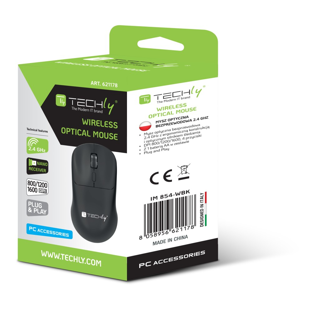 Mouse box with features listed. Wireless optical mouse with nano receiver.