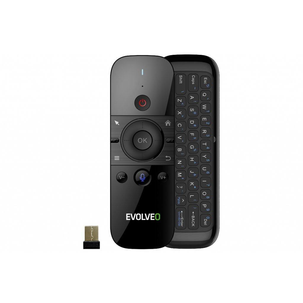 Telecomando nero con tastiera, pulsanti e ricevitore USB su sfondo bianco.