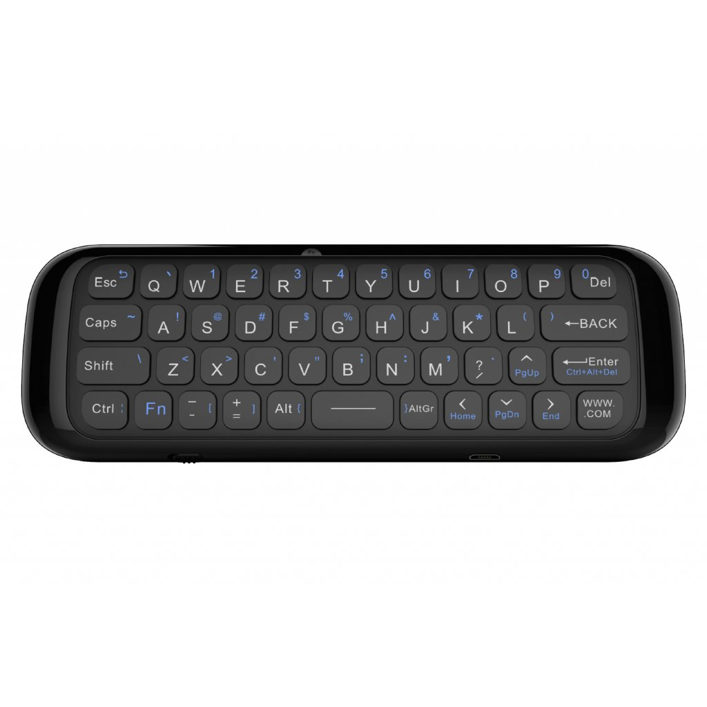 Mini tastiera nera con tasti bianchi, touchpad e design curvo. Su sfondo bianco.