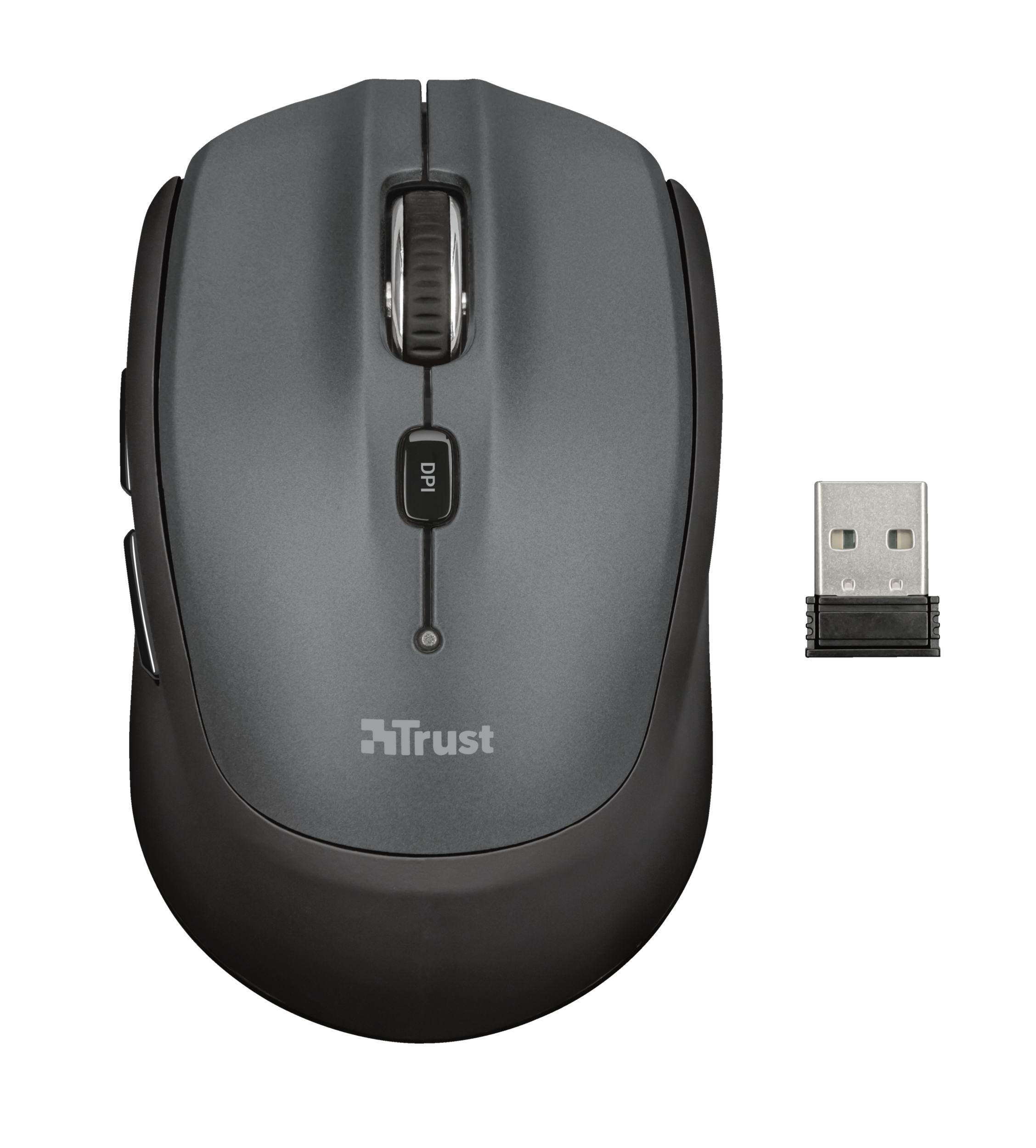 Szara mysz komputerowa z bezprzewodowym odbiornikiem USB obok. Mysz ma przycisk DPI.