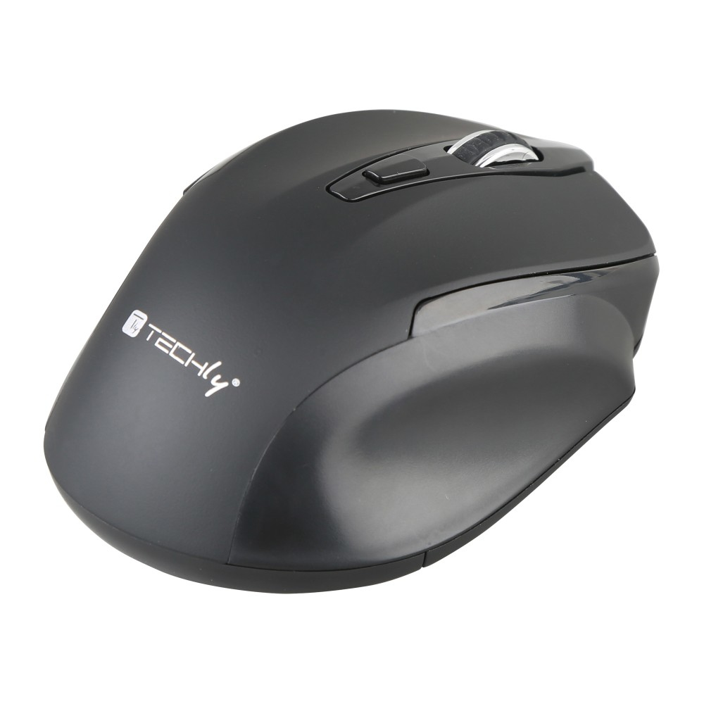 Mouse nero con il logo 'TECHly' su sfondo bianco.