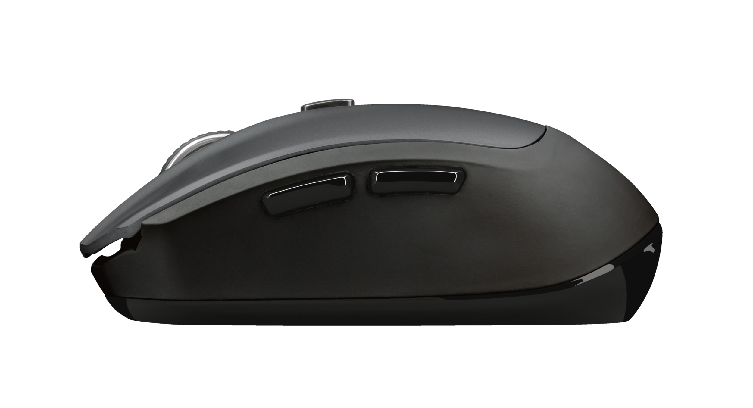 Czarna mysz komputerowa, widok z boku, białe tło.