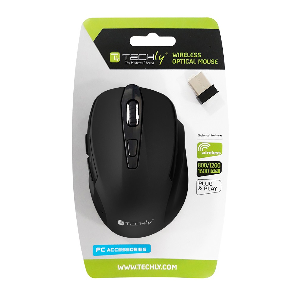 Mouse wireless Techly nero in confezione, con ricevitore USB.