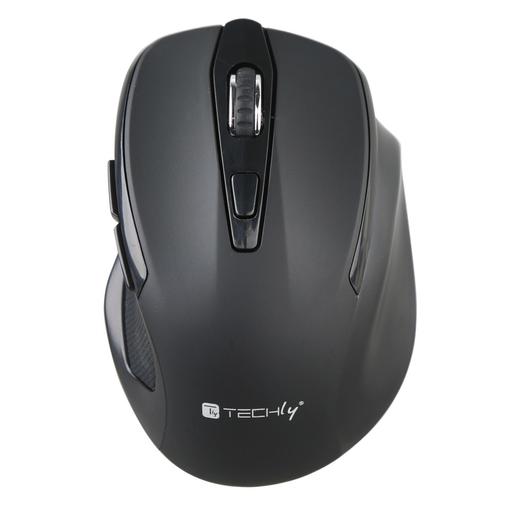 Mouse nero, vista dall'alto. Con rotella, pulsanti laterali e logo “Techly”.