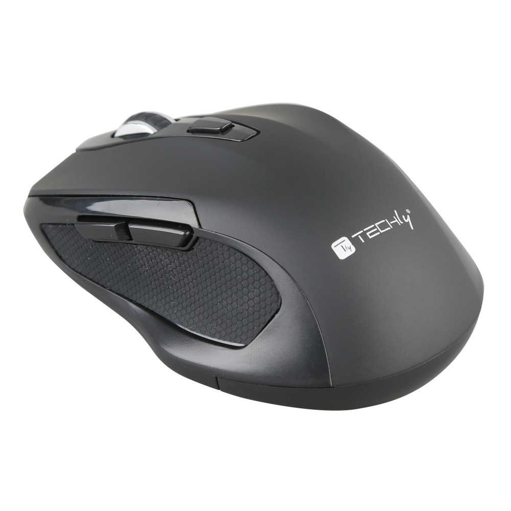 Mouse per computer wireless Techly nero su sfondo bianco.