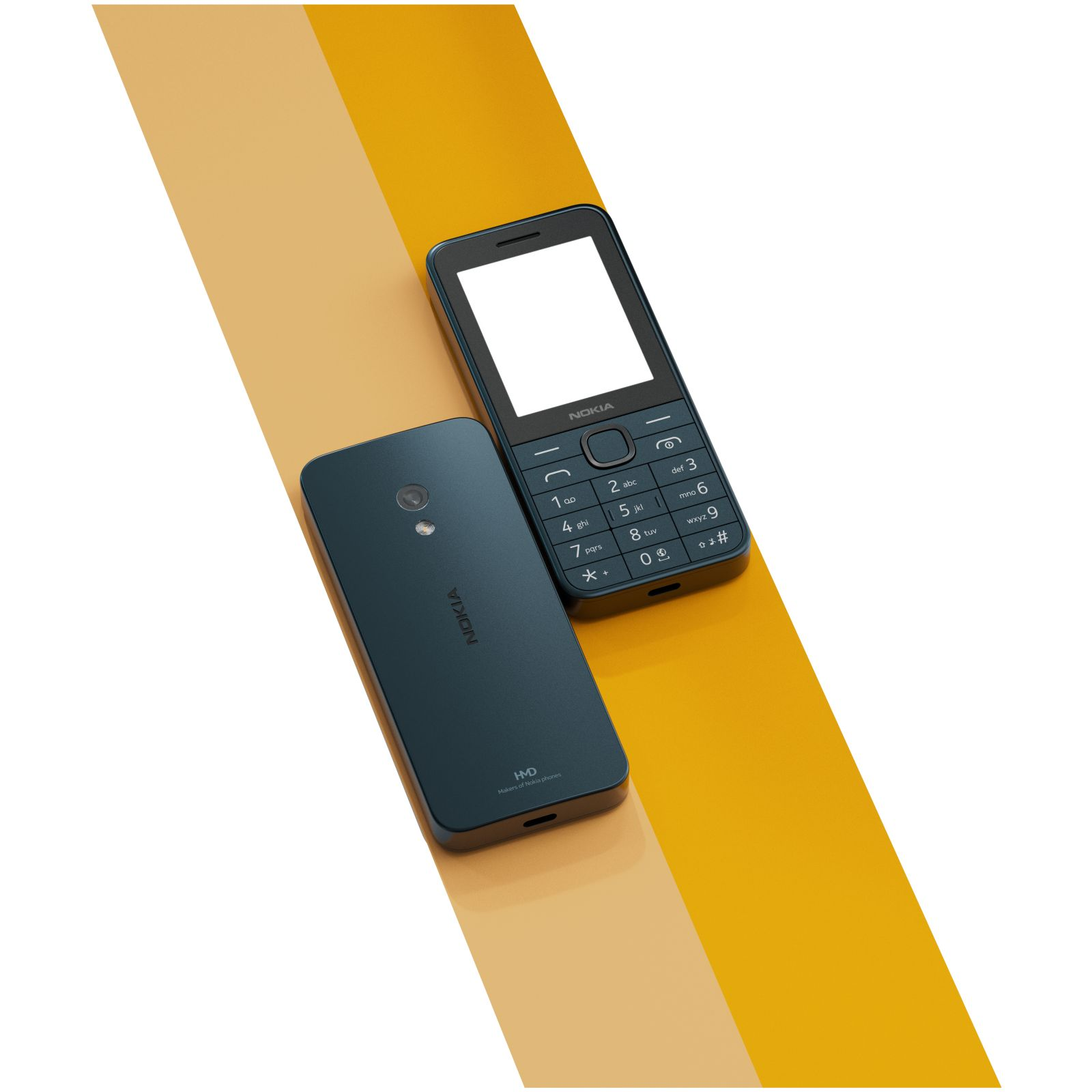 Zwei blaue Nokia-Telefone auf einem abgewinkelten Gold- und Weiß-Hintergrund.