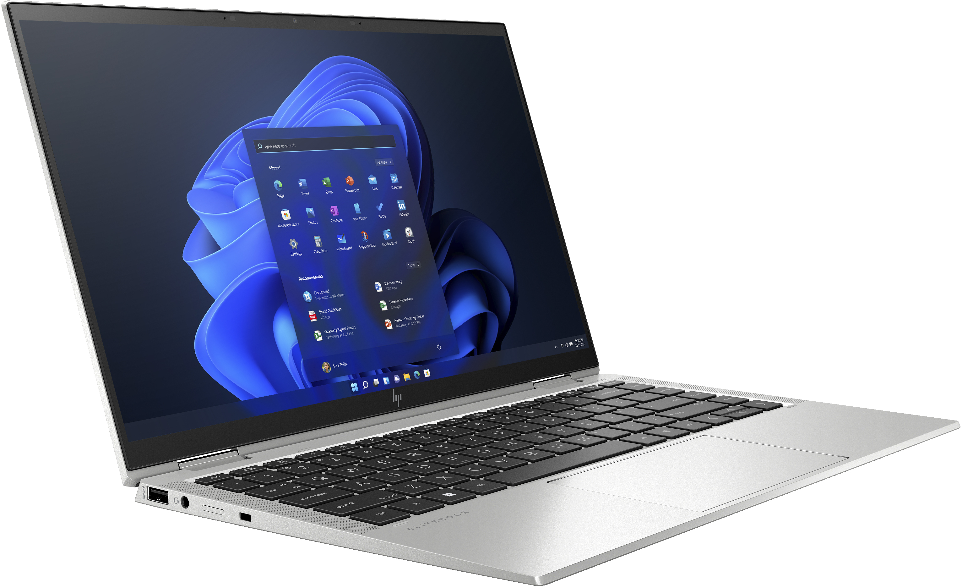 Silberner Laptop, geöffnet, zeigt eine Windows 11-Oberfläche auf dem Bildschirm. Der Laptop steht auf weißem Untergrund.