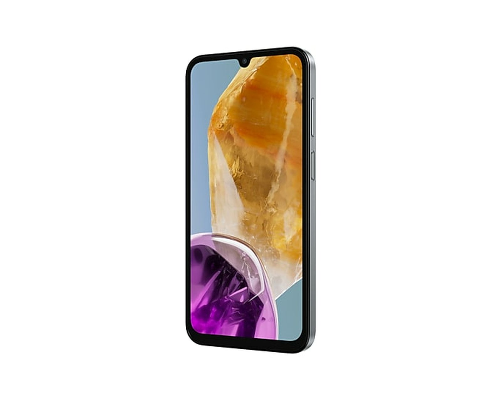 Un teléfono con pantalla azul claro mostrando un cristal y un objeto morado. Aislado en blanco.