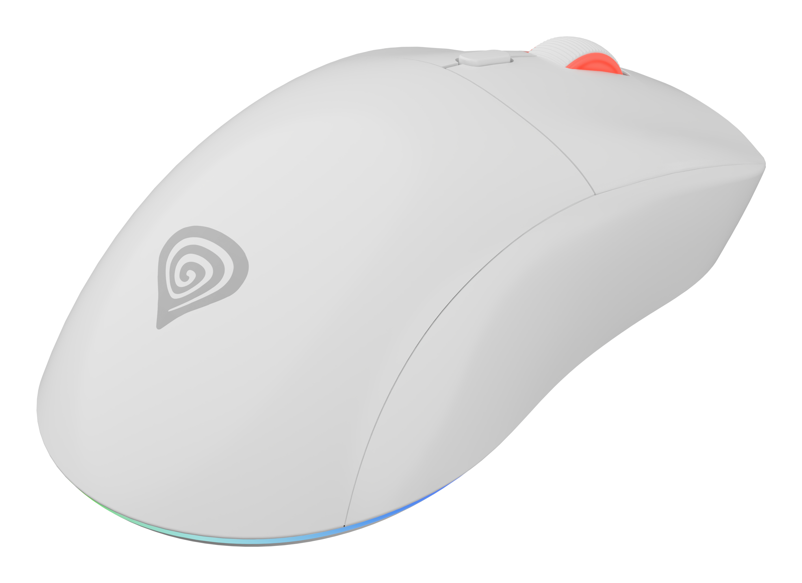 Witte muis met rode scrollwiel en een logo. Witte achtergrond.