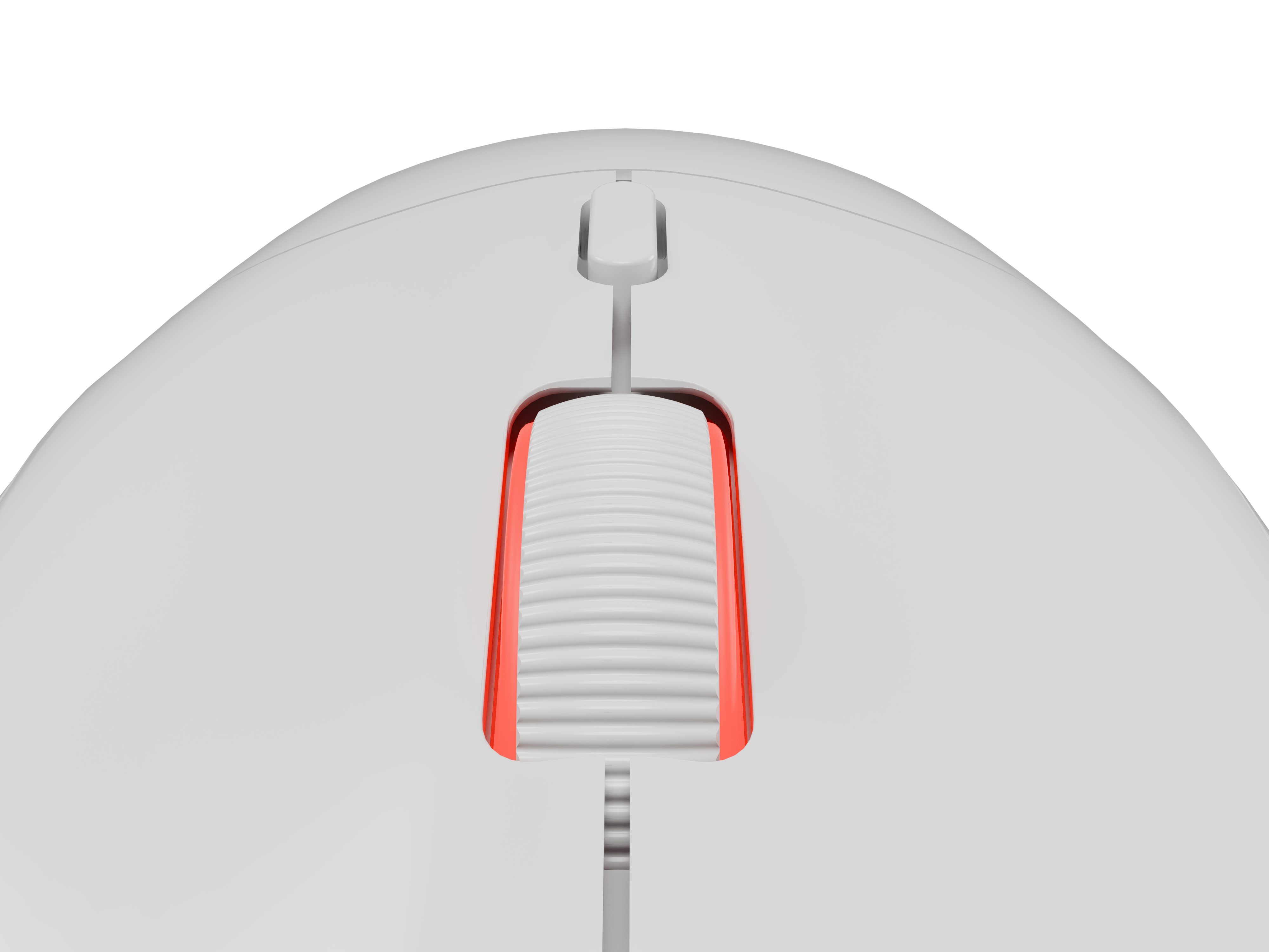 Close-up van een wit muiswiel met een rood accent en een scrollknop.