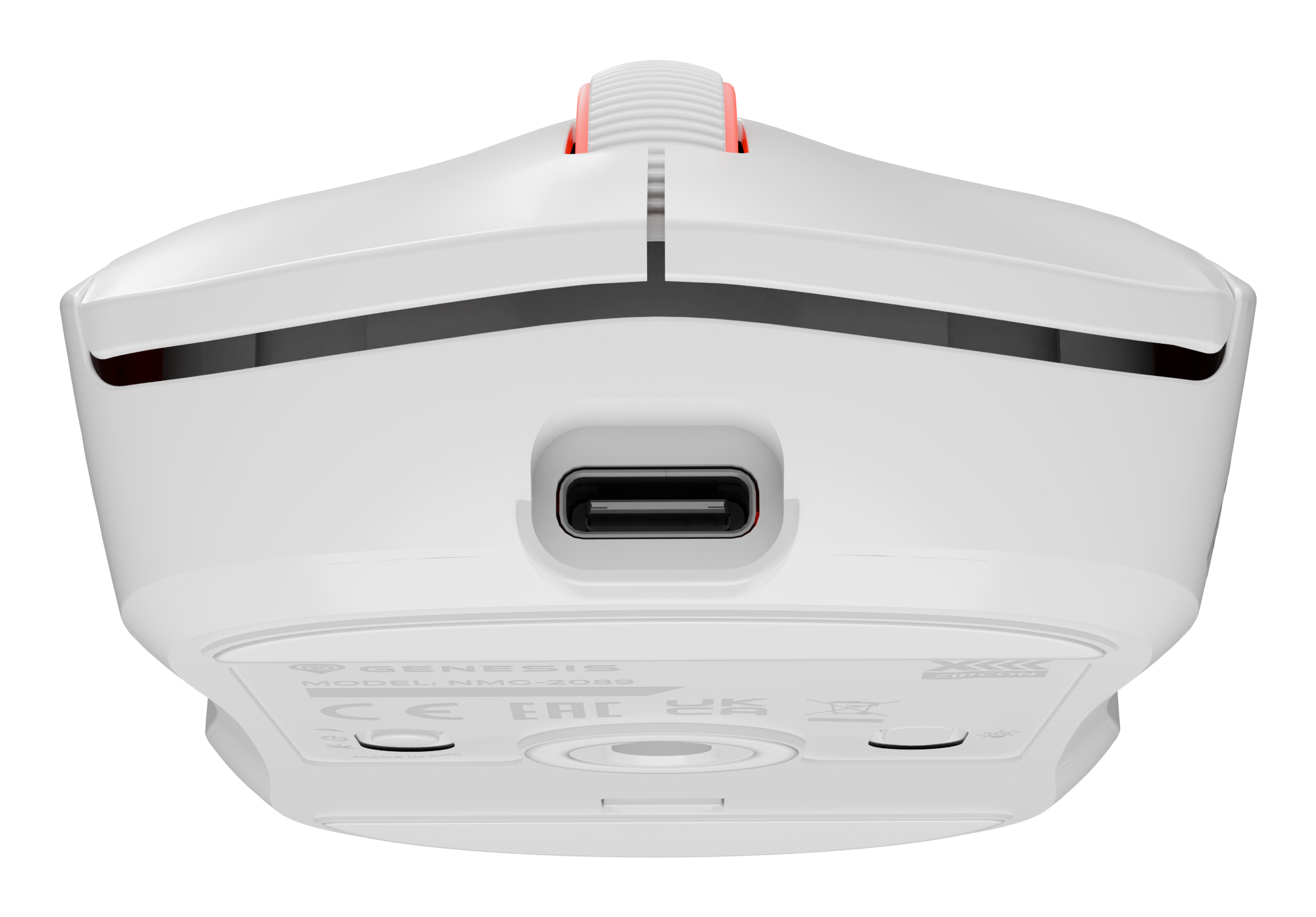 Witte muis met een USB-C-poort aan de onderkant. De muis heeft een Genesis-logo.