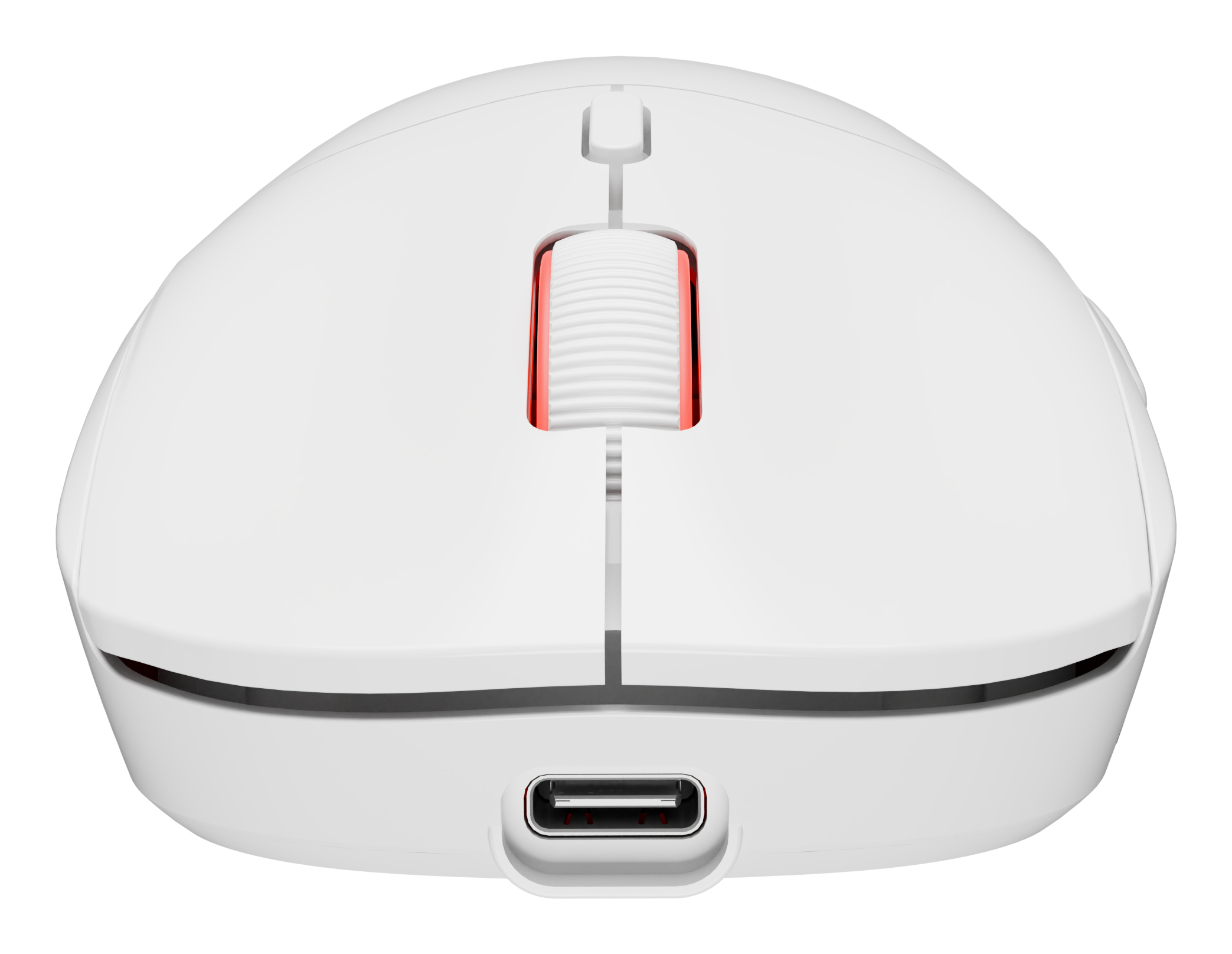 Witte computermuis met een rood scrollwiel. De onderkant heeft een USB-poort.