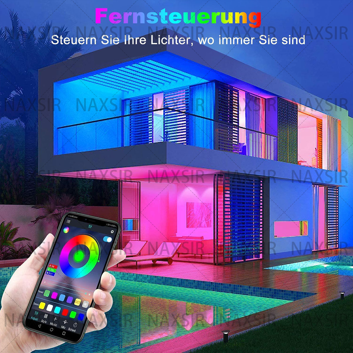 Ein modernes Gebäude mit blauen, rosa und lila Lichtern. Eine Person hält ein Telefon mit Farbsteuerungen.