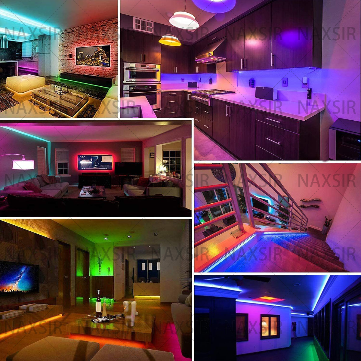 Collage von Räumen mit farbenfrohen LED-Streifen. Verschiedene Räume sind in verschiedenen Farben beleuchtet.