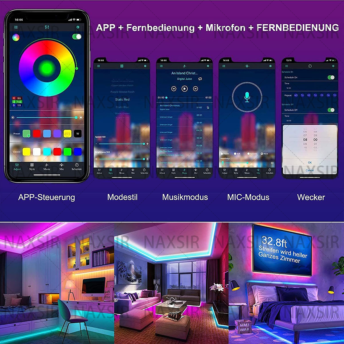 Mehrere Telefonbildschirme mit App-Oberflächen. Darunter ein Raum mit LED-Streifen.